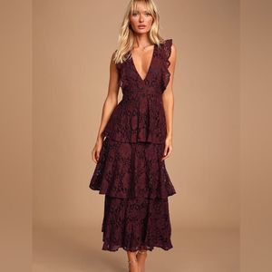 Lulus Molinetto Burgundy Lace Ruffled Tiered Sleeveless Maxi Dress Small